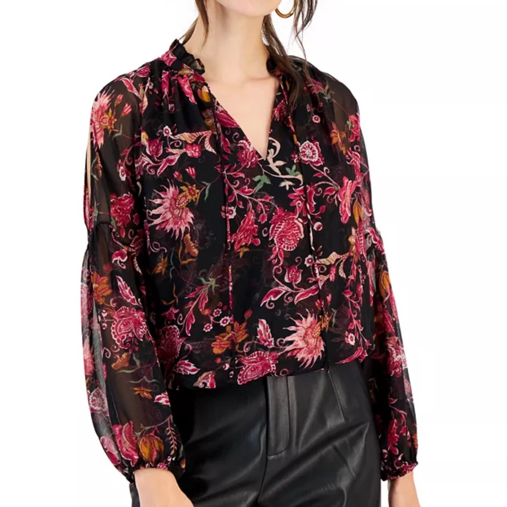 ☀️ INC International Concepts Slit-Sleeve Ruffled-Neck Popover Top